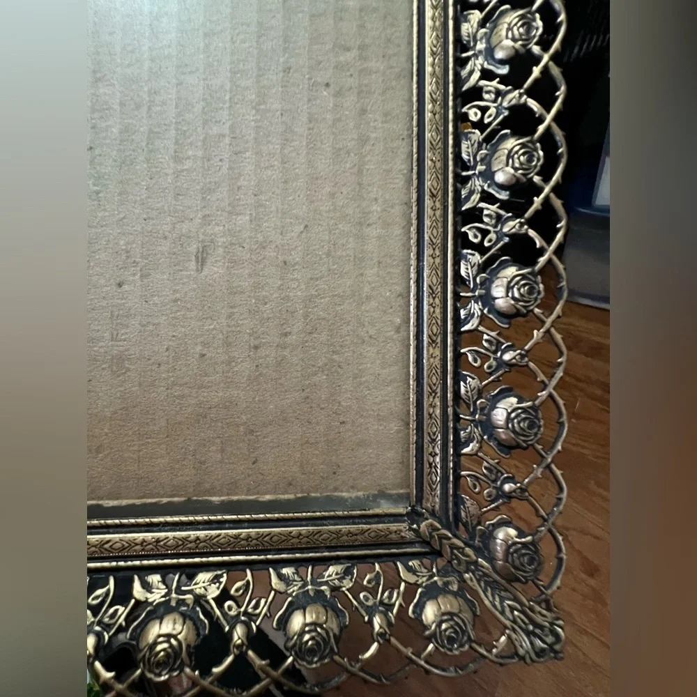 Vintage goldtone metal rose filigree picture frame 7”x9” MCM Ornate